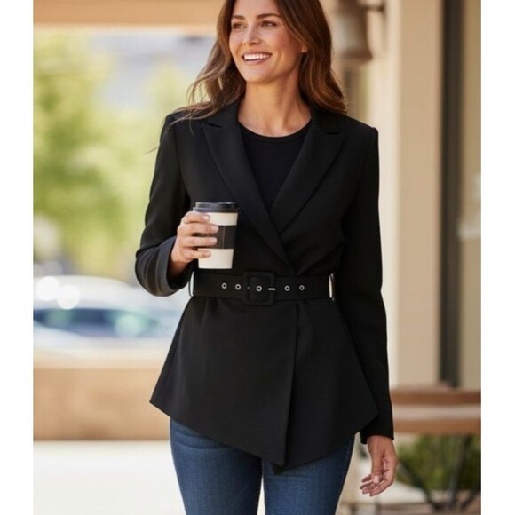 DESIGNER TAHARI ASL NAVY BLUE BELTED LONG SLEEVE BLAZER SIZE 14.R - Picture 16 of 16